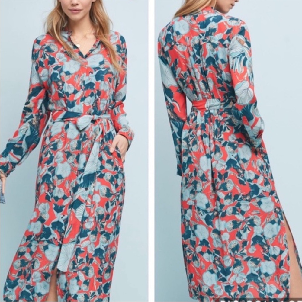 Blank London Tirana Floral Maxi Dress Sz XS Petite Blue Orange Belted Anthro